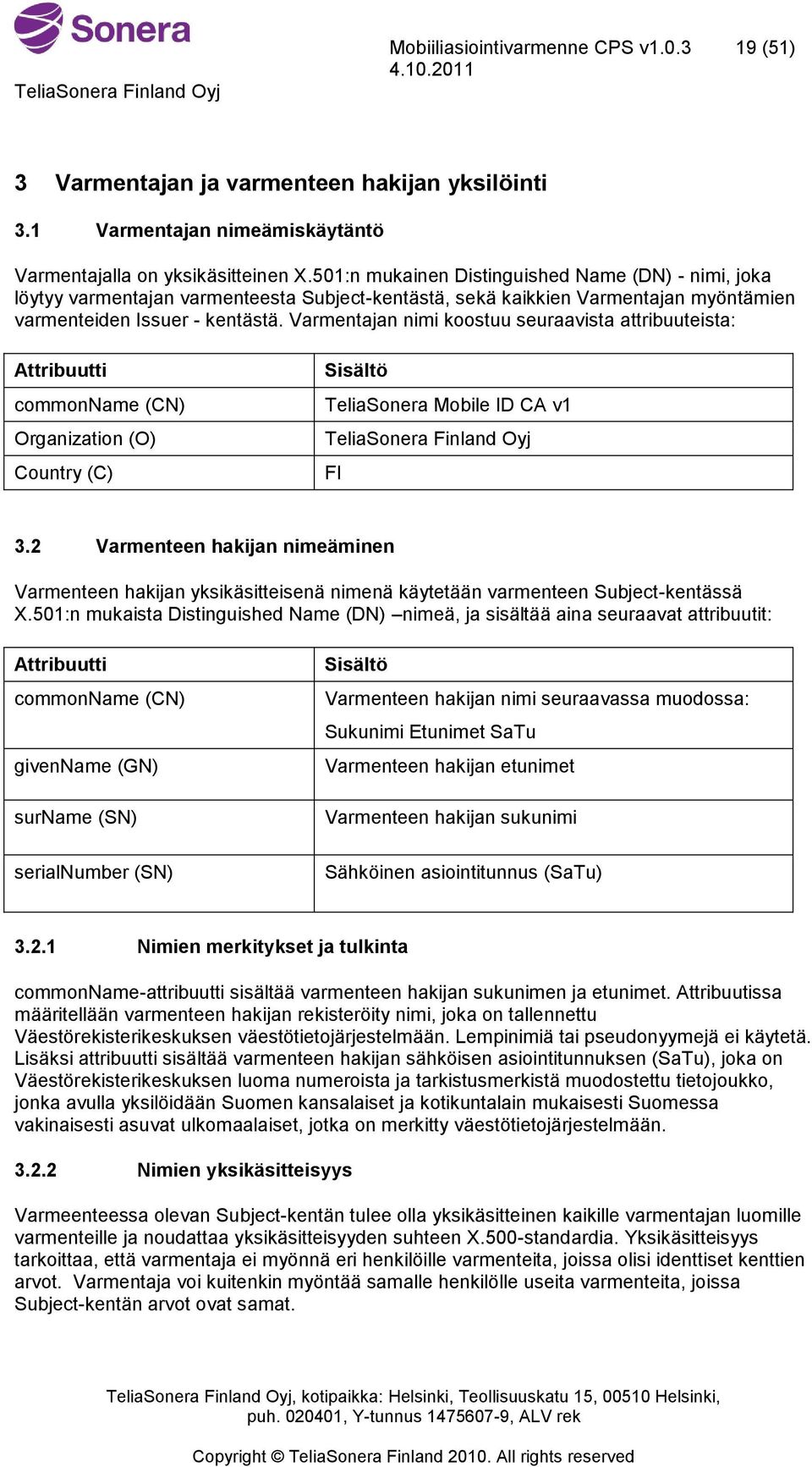 Varmentajan nimi koostuu seuraavista attribuuteista: Attribuutti commonname (CN) Organization (O) Country (C) Sisältö TeliaSonera Mobile ID CA v1 TeliaSonera Finland Oyj FI 3.