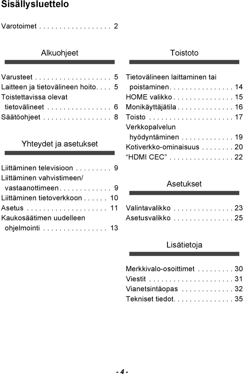 ................... 11 Kaukosäätimen uudelleen ohjelmointi................ 13 Tietovälineen laittaminen tai poistaminen................ 14 HOME valikko............... 15 Monikäyttäjätila.............. 16 Toisto.