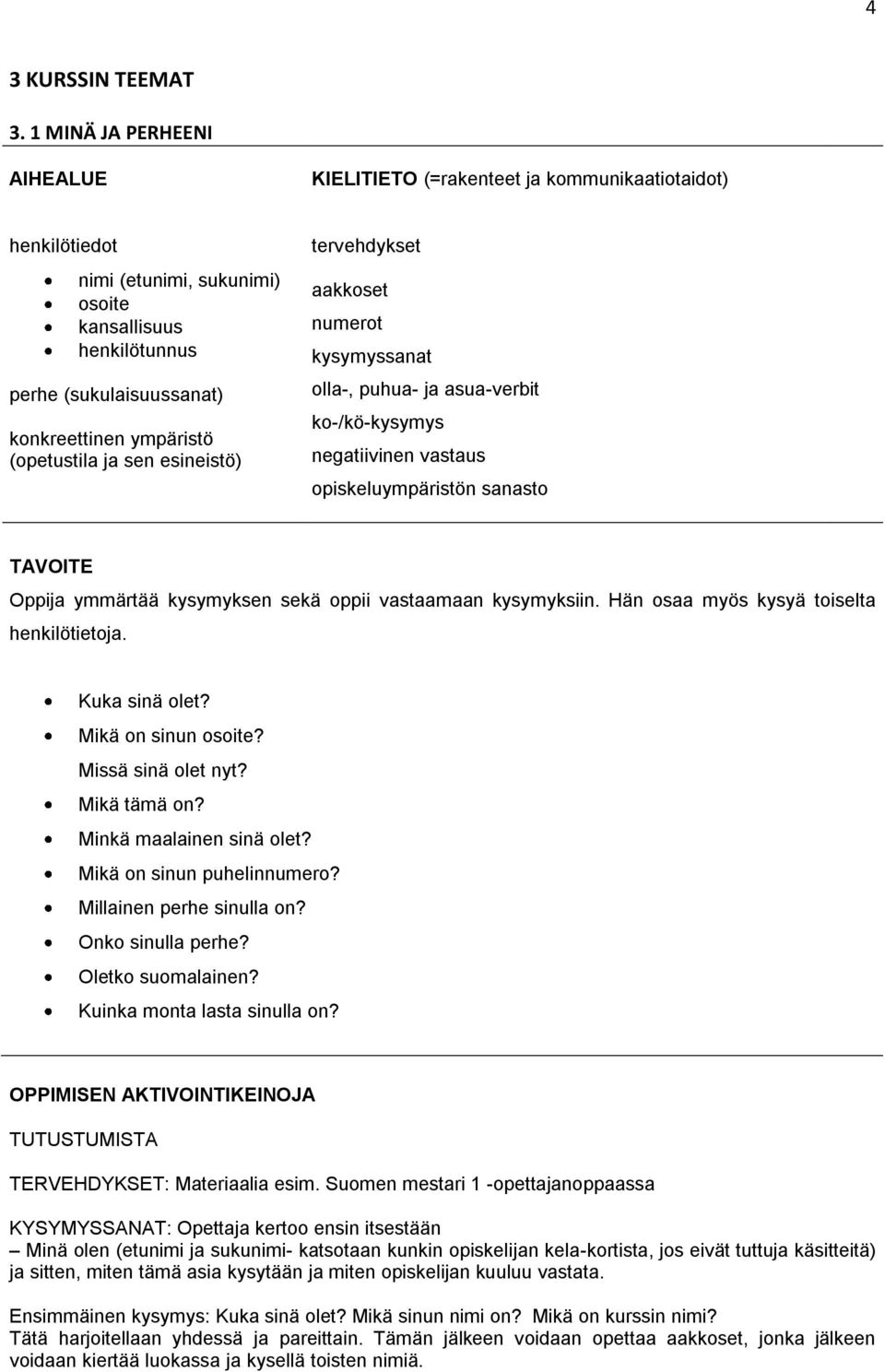 (opetustila ja sen esineistö) tervehdykset aakkoset numerot kysymyssanat olla-, puhua- ja asua-verbit ko-/kö-kysymys negatiivinen vastaus opiskeluympäristön sanasto TAVOITE Oppija ymmärtää kysymyksen