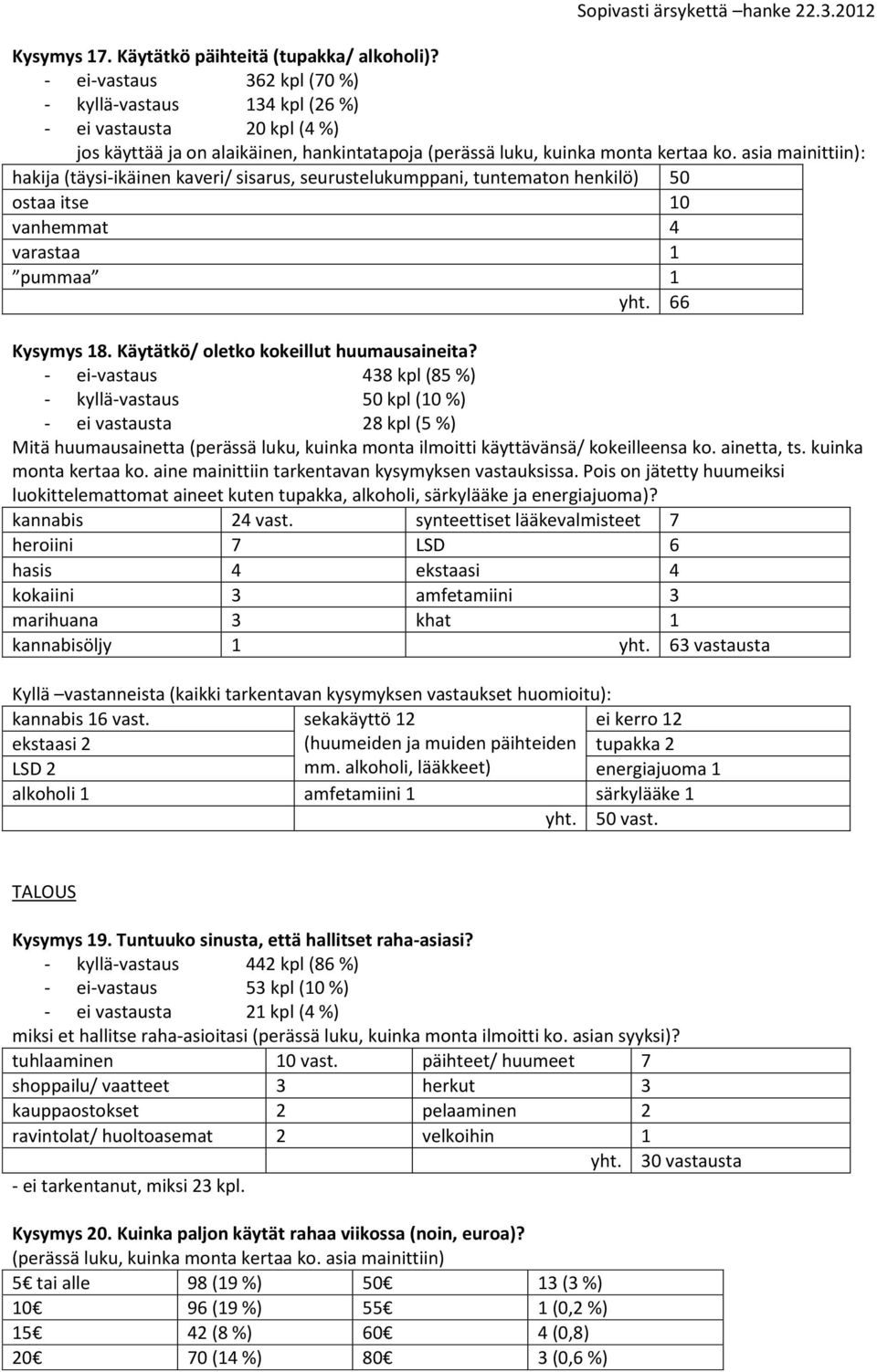 tuntematon henkilö) 50 ostaa itse 10 vanhemmat 4 varastaa 1 pummaa 1 yht. 66 Kysymys 18. Käytätkö/ oletko kokeillut huumausaineita?