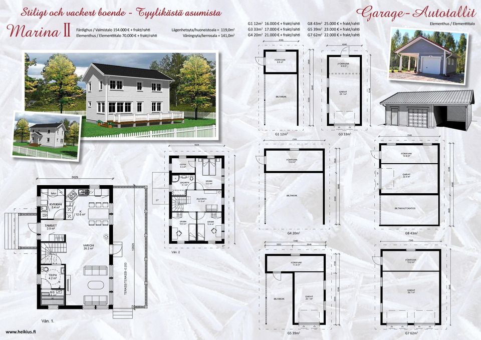 000 + frakt/rahti Lägenhetsyta/huoneistoala = 119,0m 2 Våningsyta/kerrosala = 141,0m 2 G1 12m 2 16.