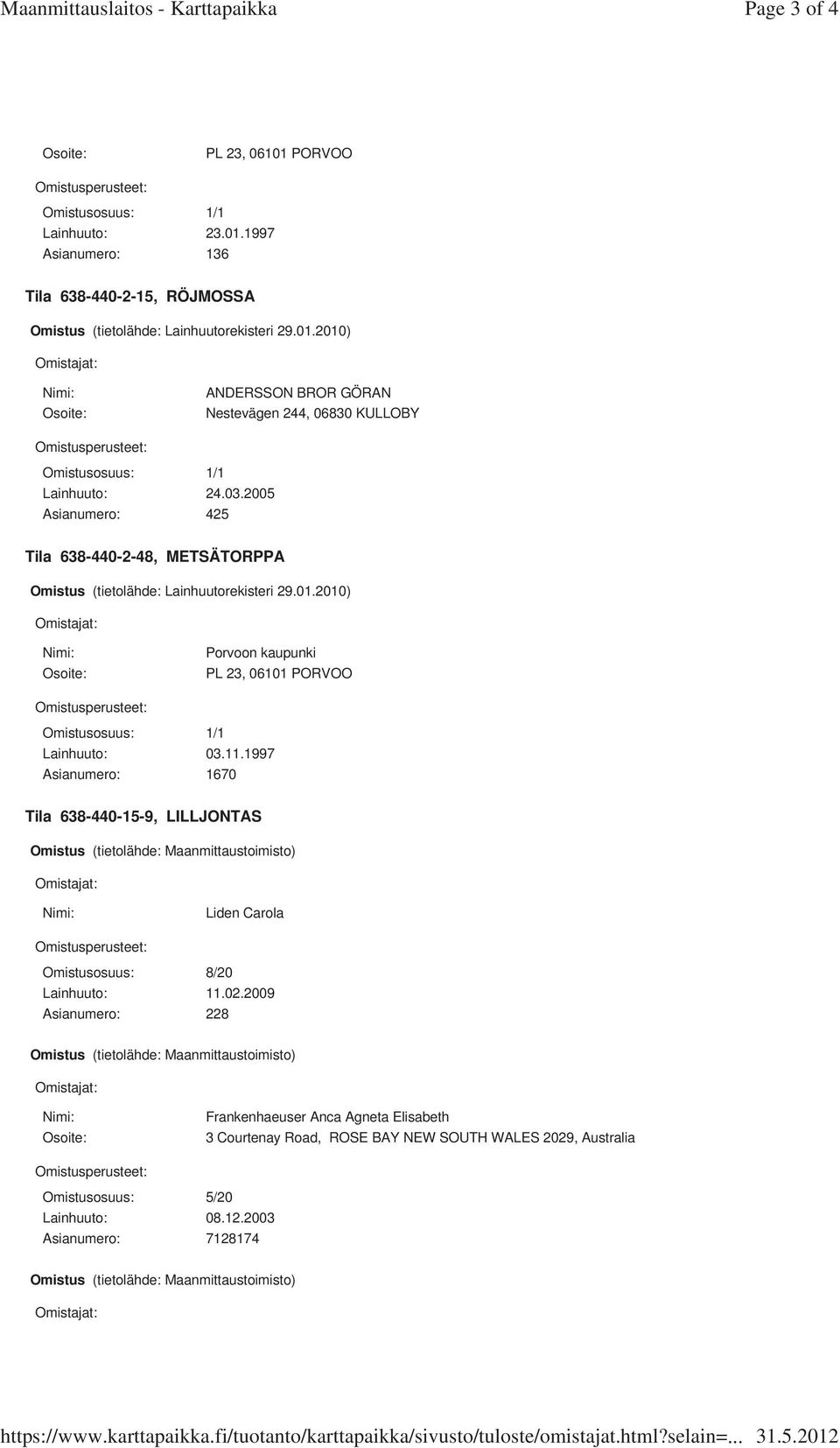 1997 Asianumero: 1670 Tila 638-440-15-9, LILLJONTAS Liden Carola Omistusosuus: 8/20 Lainhuuto: 11.02.