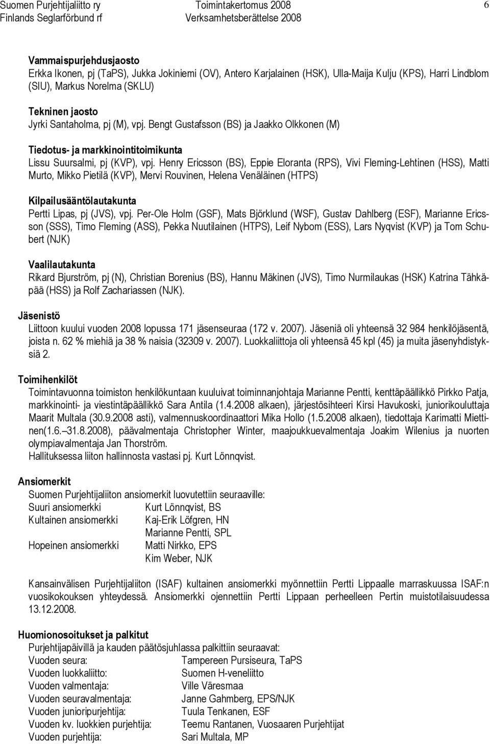 Henry Ericsson (BS), Eppie Eloranta (RPS), Vivi Fleming-Lehtinen (HSS), Matti Murto, Mikko Pietilä (KVP), Mervi Rouvinen, Helena Venäläinen (HTPS) Kilpailusääntölautakunta Pertti Lipas, pj (JVS), vpj.
