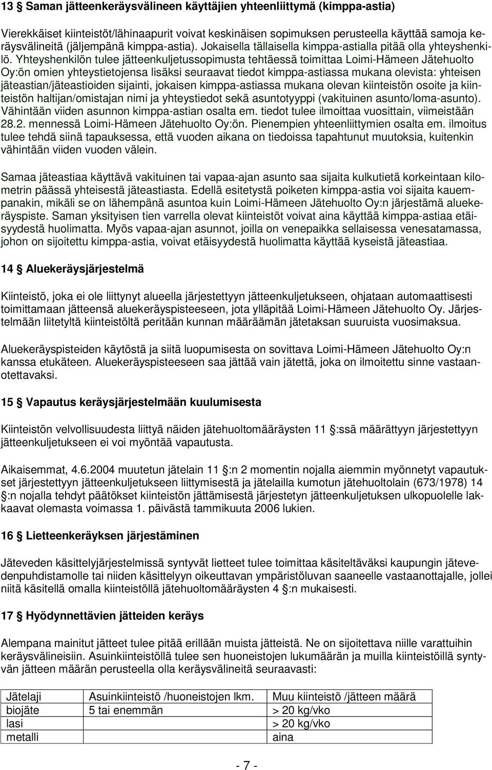 Yhteyshenkilön tulee jätteenkuljetussopimusta tehtäessä toimittaa Loimi-Hämeen Jätehuolto Oy:ön omien yhteystietojensa lisäksi seuraavat tiedot kimppa-astiassa mukana olevista: yhteisen