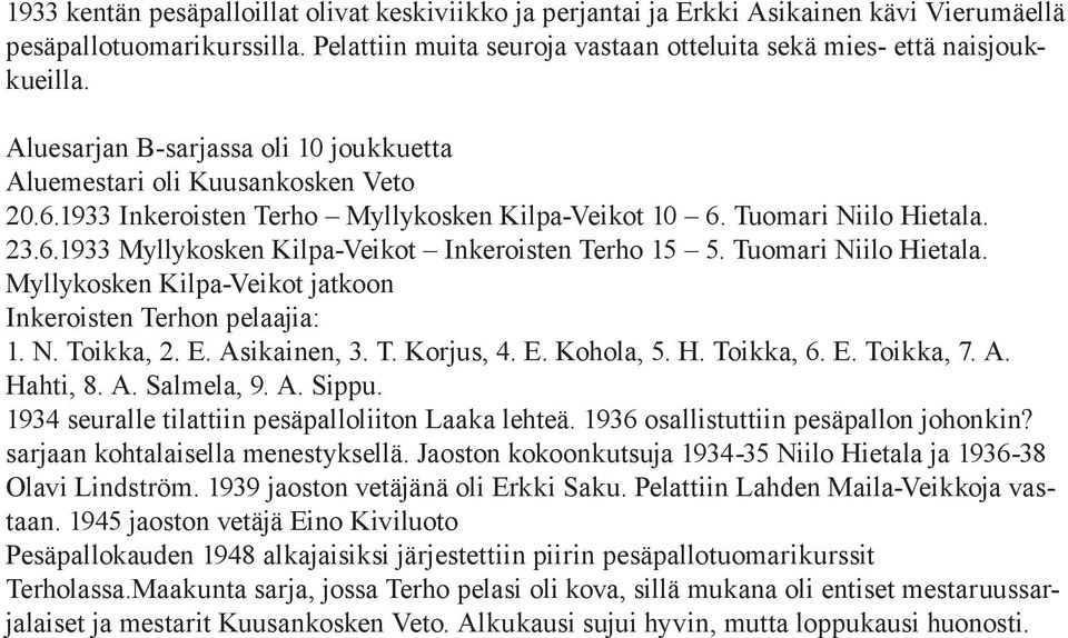 Tuomari Niilo Hietala. Myllykosken Kilpa-Veikot jatkoon Inkeroisten Terhon pelaajia: 1. N. Toikka, 2. E. Asikainen, 3. T. Korjus, 4. E. Kohola, 5. H. Toikka, 6. E. Toikka, 7. A. Hahti, 8. A. Salmela, 9.
