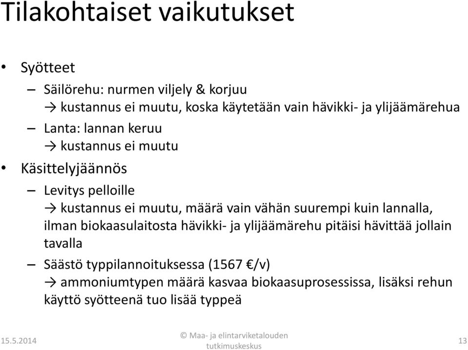 kuin lannalla, ilman biokaasulaitosta hävikki- ja ylijäämärehu pitäisi hävittää jollain tavalla Säästö typpilannoituksessa (1567 /v)