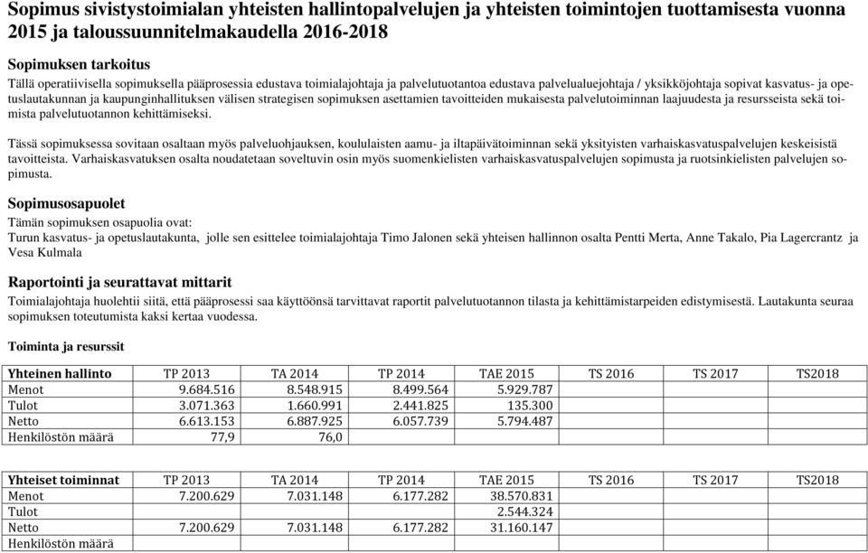 sopimuksen asettamien tavoitteiden mukaisesta palvelutoiminnan laajuudesta ja resursseista sekä toimista palvelutuotannon kehittämiseksi.