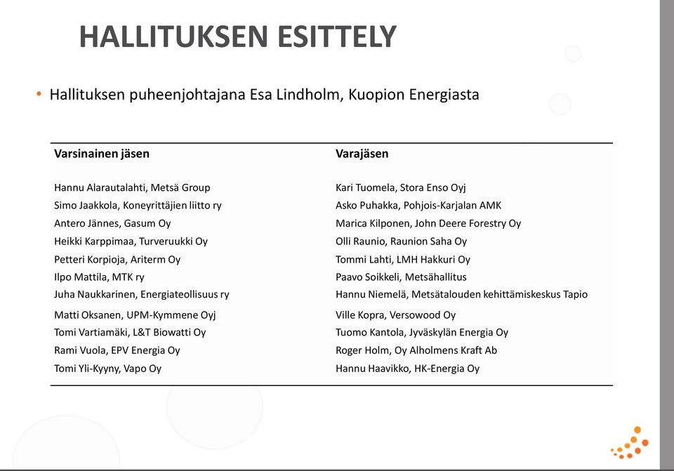Vuola, EPV Energia Oy Tomi Yli-Kyyny, Vapo Oy Kari Tuomela, Stora Enso Oyj Asko Puhakka, Pohjois-Karjalan AMK Marica Kilponen, John Deere Forestry Oy Olli Raunio, Raunion Saha Oy Tommi Lahti, LMH