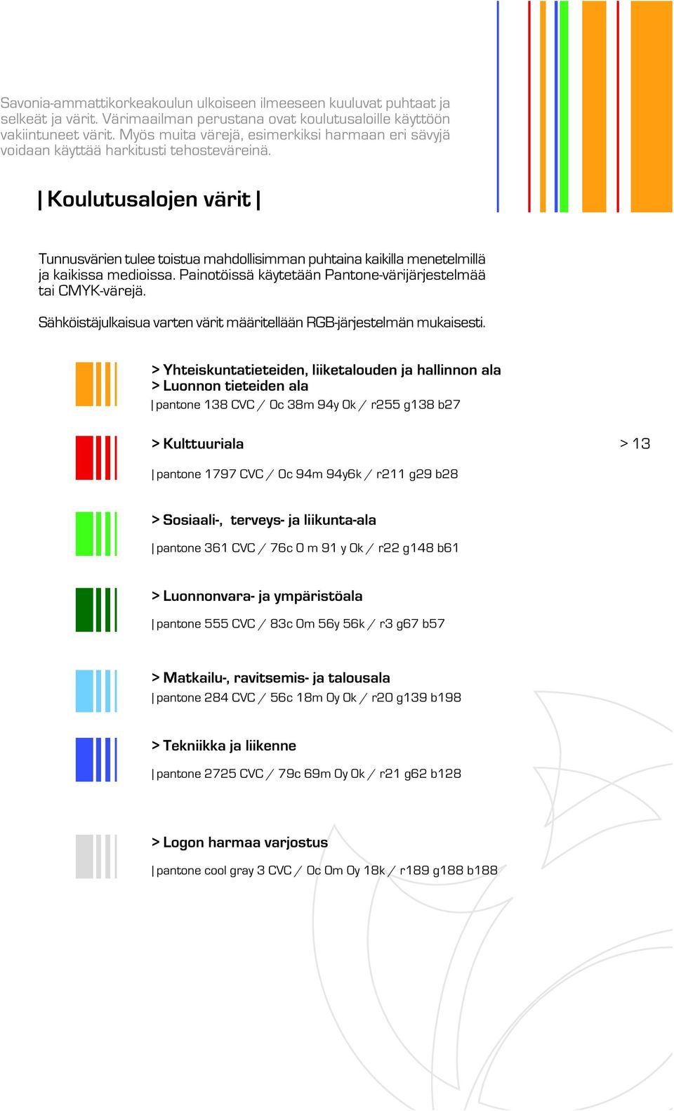 Koulutusalojen värit Tunnusvärien tulee toistua mahdollisimman puhtaina kaikilla menetelmillä ja kaikissa medioissa. Painotöissä käytetään Pantone-värijärjestelmää tai CMYK-värejä.