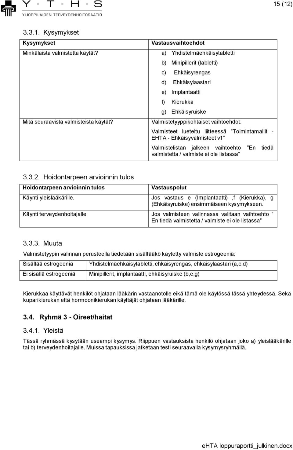 Valmisteet lueteltu liitteessä Toimintamallit - EHTA - Ehkäisyvalmisteet v1 Valmistelistan jälkeen vaihtoehto valmistetta / valmiste ei ole listassa En tiedä 3.3.2.