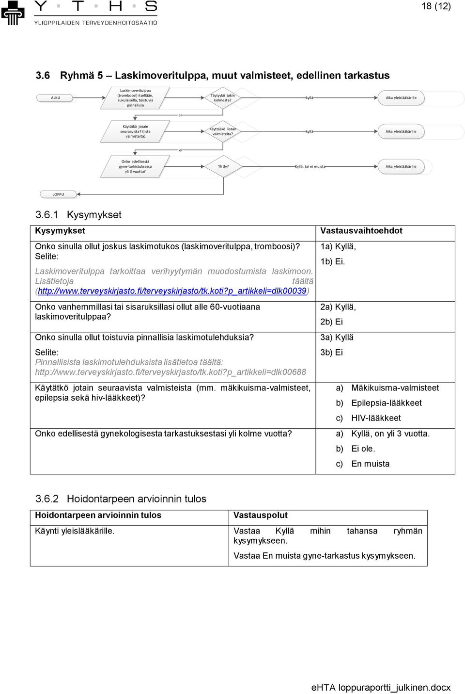 Kyllä, tai ei muista Aika yleislääkärille LOPPU 3.6.1 Kysymykset Kysymykset Onko sinulla ollut joskus laskimotukos (laskimoveritulppa, tromboosi)?