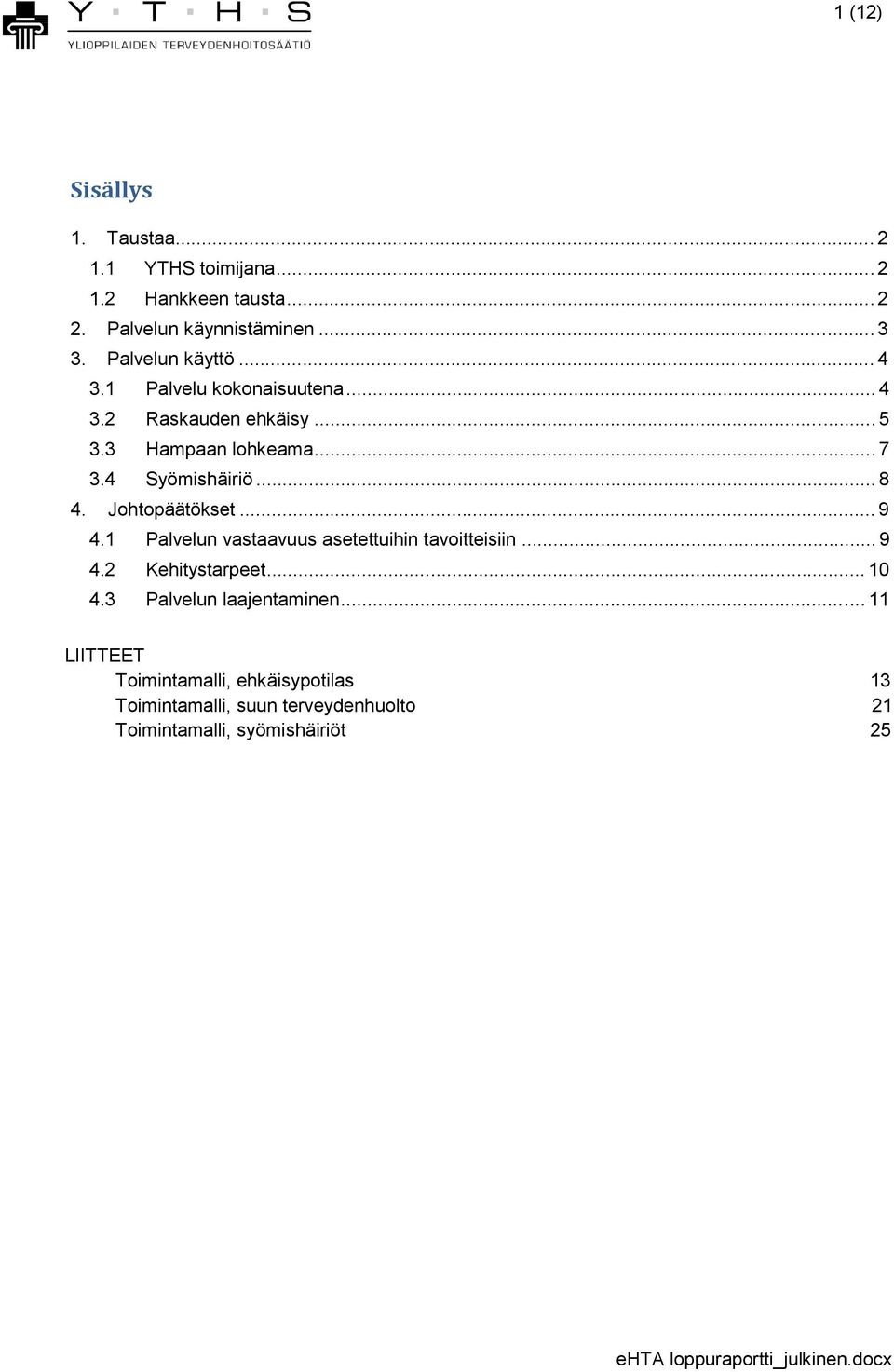 .. 8 4. Jo htopäätökset... 9 4.1 Palvelun vastaavuus asetettuihin tavoitteisiin... 9 4.2 Kehitystarpeet... 10 4.