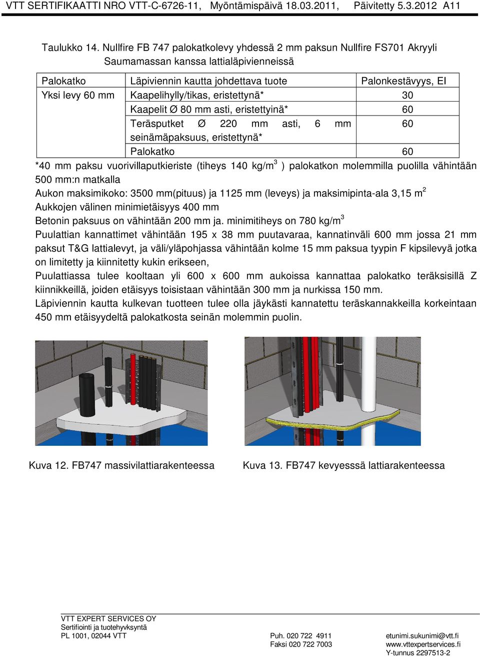 Kaapelihylly/tikas, eristettynä* 30 Kaapelit Ø 80 mm asti, eristettyinä* 60 Teräsputket Ø 220 mm asti, 6 mm 60 seinämäpaksuus, eristettynä* Palokatko 60 *40 mm paksu vuorivillaputkieriste (tiheys 140