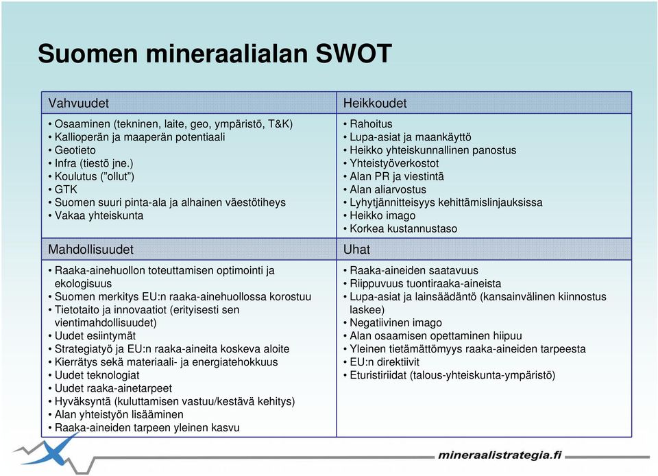 raaka-ainehuollossa korostuu Tietotaito ja innovaatiot (erityisesti sen vientimahdollisuudet) Uudet esiintymät Strategiatyö ja EU:n raaka-aineita koskeva aloite Kierrätys sekä materiaali- ja