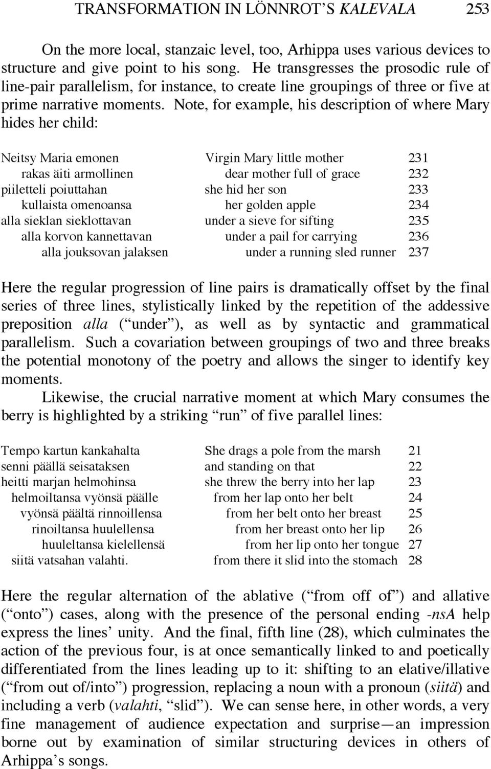Note, for example, his description of where Mary hides her child: Neitsy Maria emonen Virgin Mary little mother 231 rakas äiti armollinen dear mother full of grace 232 piiletteli poiuttahan she hid
