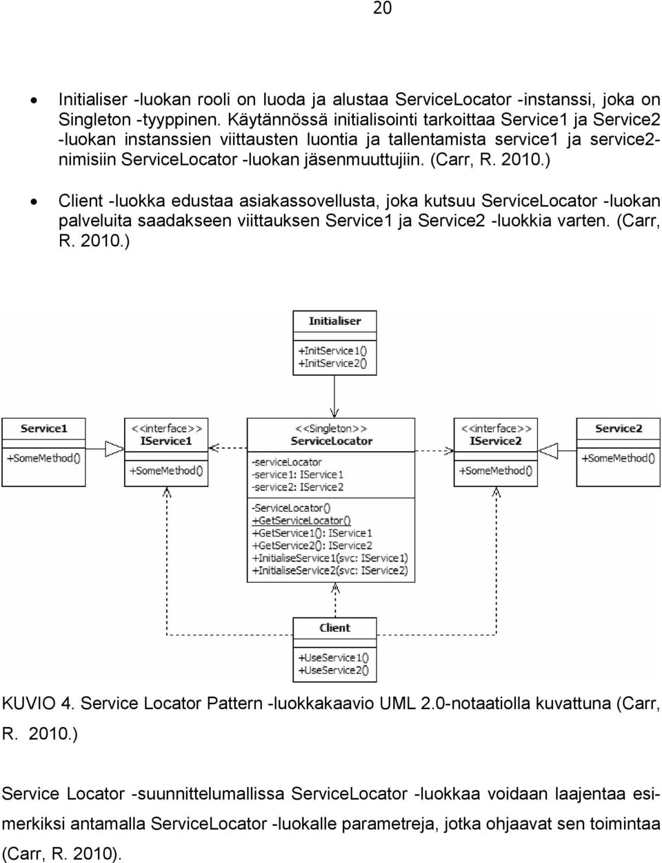 (Carr, R. 2010.) Client -luokka edustaa asiakassovellusta, joka kutsuu ServiceLocator -luokan palveluita saadakseen viittauksen Service1 ja Service2 -luokkia varten. (Carr, R. 2010.) KUVIO 4.