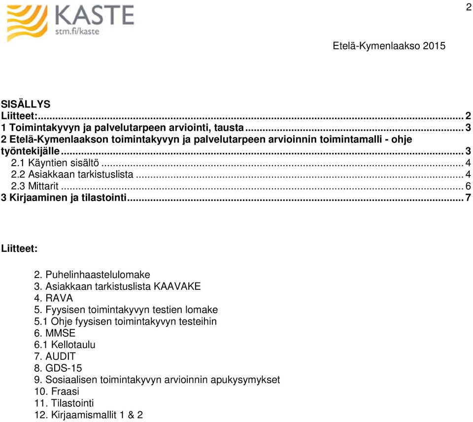 2 Asiakkaan tarkistuslista... 4 2.3 Mittarit... 6 3 Kirjaaminen ja tilastointi... 7 Liitteet: 2. Puhelinhaastelulomake 3.