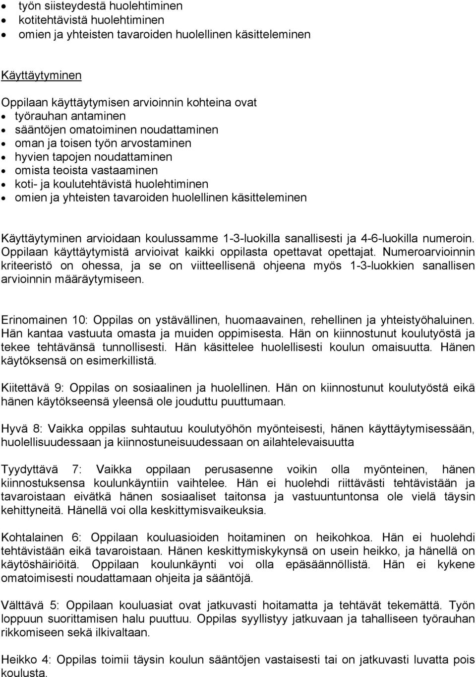 tavaroiden huolellinen käsitteleminen Käyttäytyminen arvioidaan koulussamme 1-3-luokilla sanallisesti ja 4-6-luokilla numeroin. Oppilaan käyttäytymistä arvioivat kaikki oppilasta opettavat opettajat.