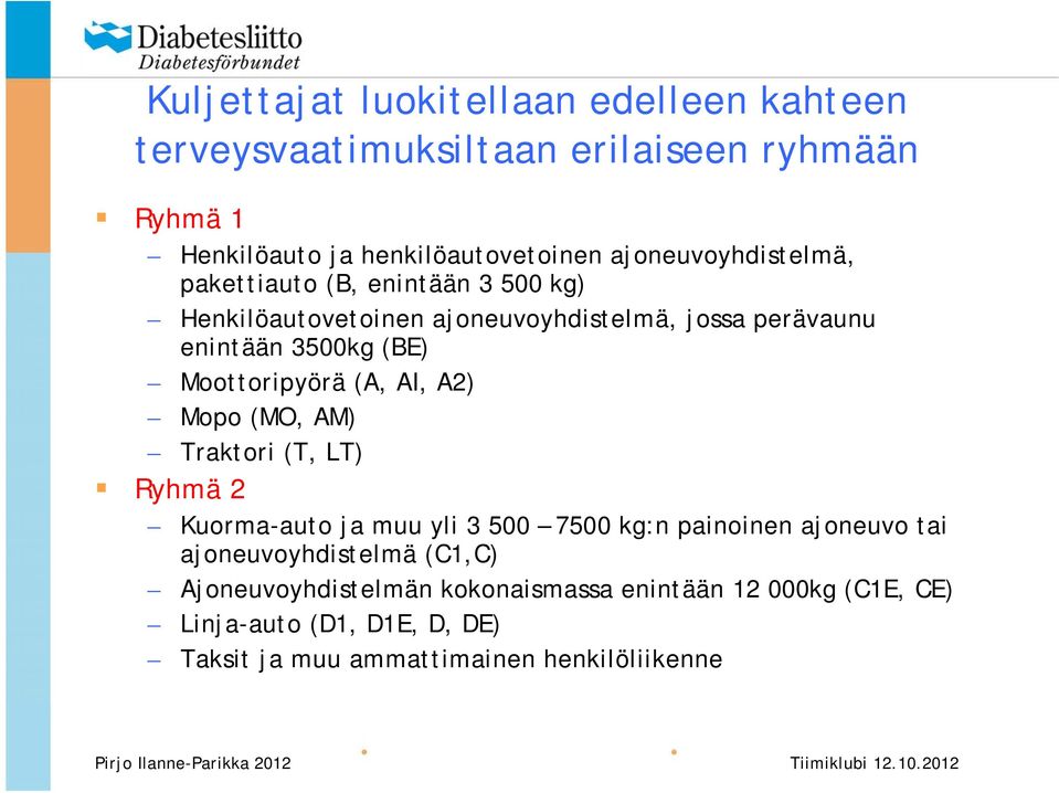 Moottoripyörä (A, AI, A2) Mopo (MO, AM) Traktori (T, LT) Ryhmä 2 Kuorma-auto ja muu yli 3 500 7500 kg:n painoinen ajoneuvo tai