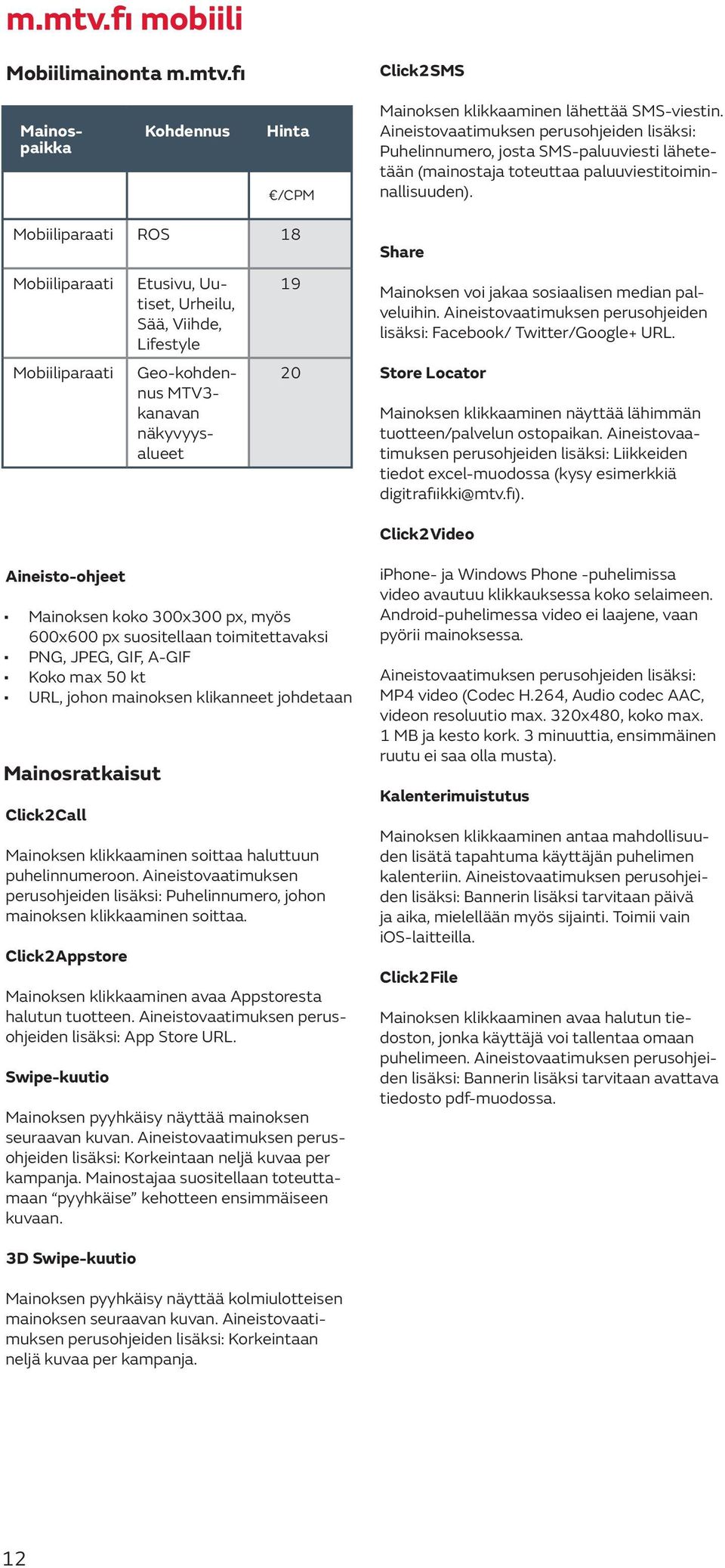 Mobiiliparaati ROS 18 Mobiiliparaati Mobiiliparaati Etusivu, Uutiset, Urheilu, Sää, Viihde, Lifestyle Geo-kohdennus MTV3- kanavan näkyvyysalueet 19 20 Share Mainoksen voi jakaa sosiaalisen median