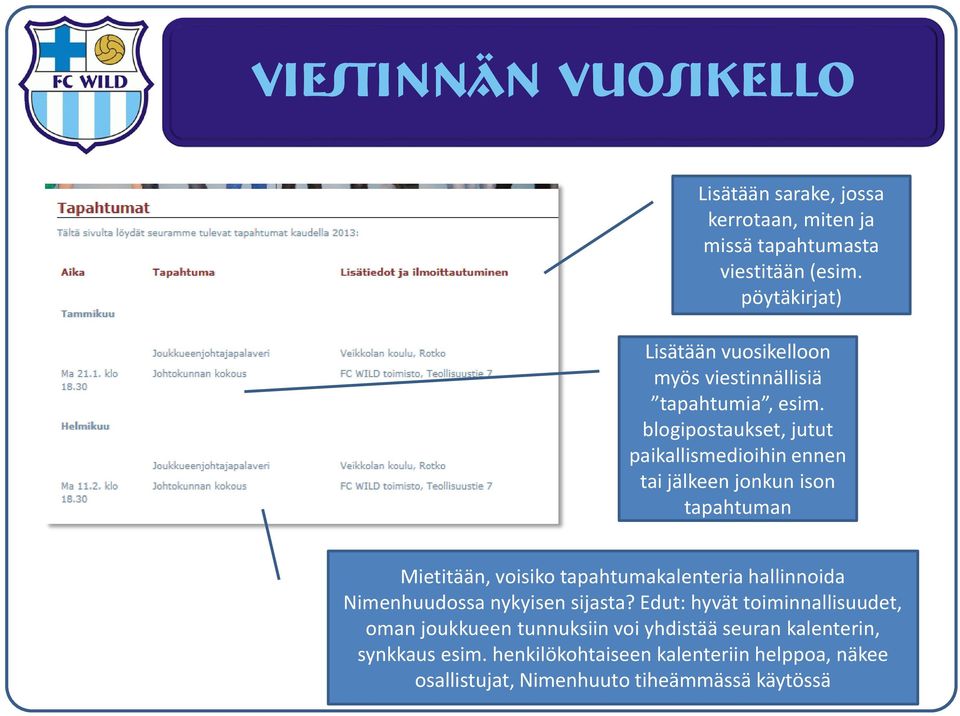 blogipostaukset, jutut paikallismedioihin ennen tai jälkeen jonkun ison tapahtuman Mietitään, voisiko tapahtumakalenteria hallinnoida