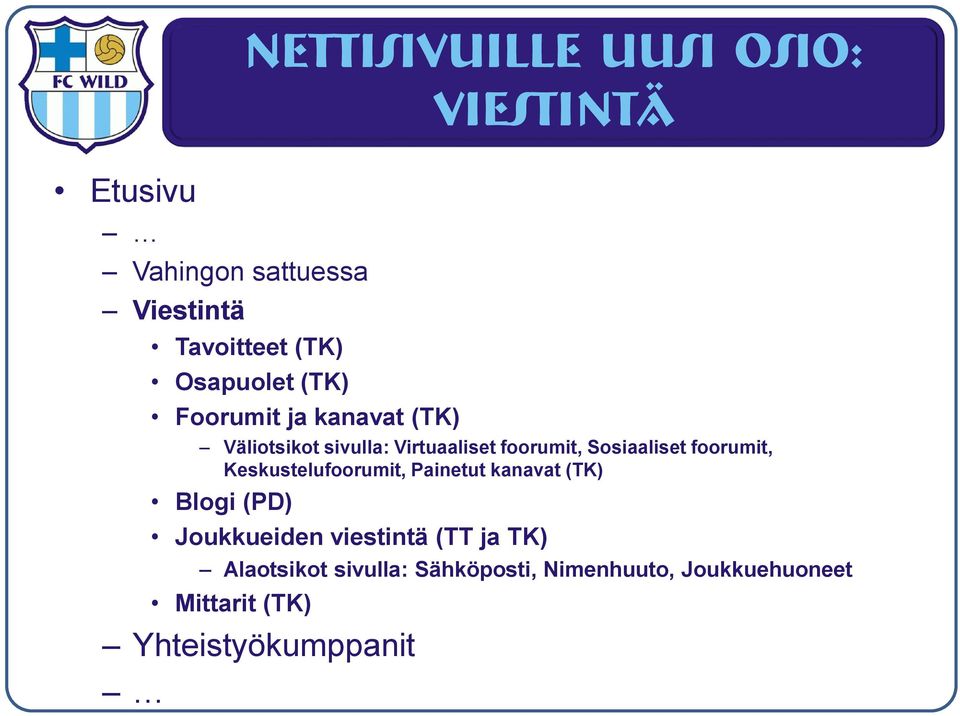 foorumit, Keskustelufoorumit, Painetut kanavat (TK) Blogi (PD) Joukkueiden viestintä (TT ja