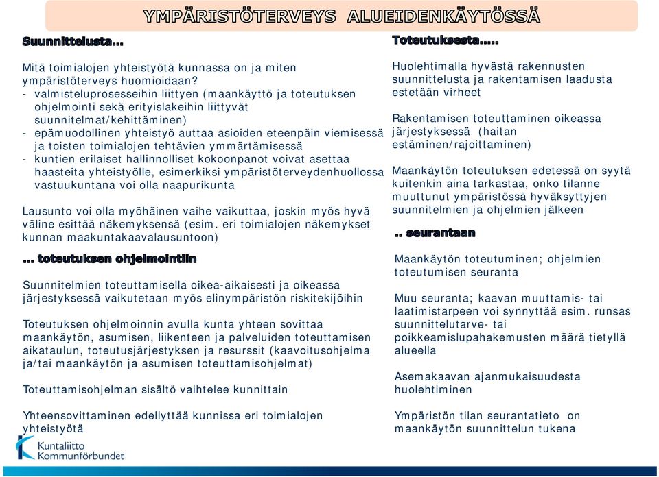 toisten toimialojen tehtävien ymmärtämisessä - kuntien erilaiset hallinnolliset kokoonpanot voivat asettaa haasteita yhteistyölle, esimerkiksi ympäristöterveydenhuollossa vastuukuntana voi olla