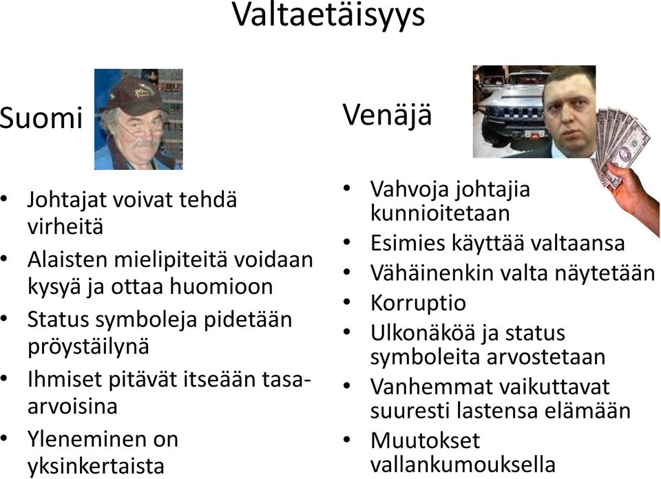 Venäjä Vahvoja johtajia kunnioitetaan Esimies käyttää valtaansa Vähäinenkin valta näytetään Korruptio