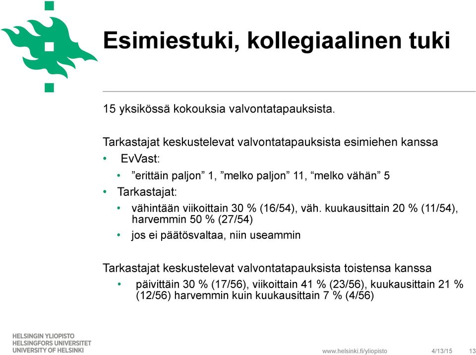 Tarkastajat: vähintään viikoittain 30 % (16/54), väh.