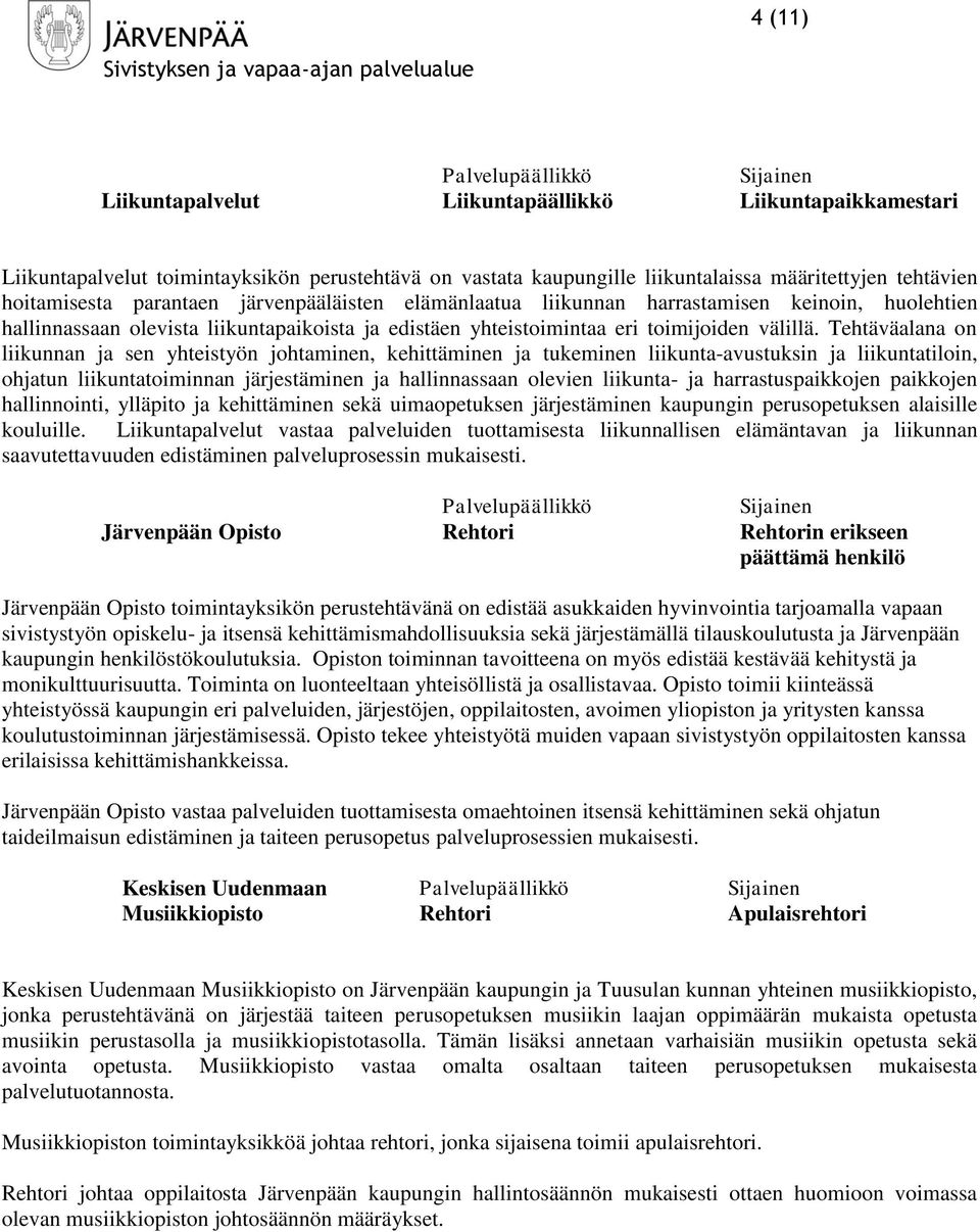 Tehtäväalana on liikunnan ja sen yhteistyön johtaminen, kehittäminen ja tukeminen liikunta-avustuksin ja liikuntatiloin, ohjatun liikuntatoiminnan järjestäminen ja hallinnassaan olevien liikunta- ja