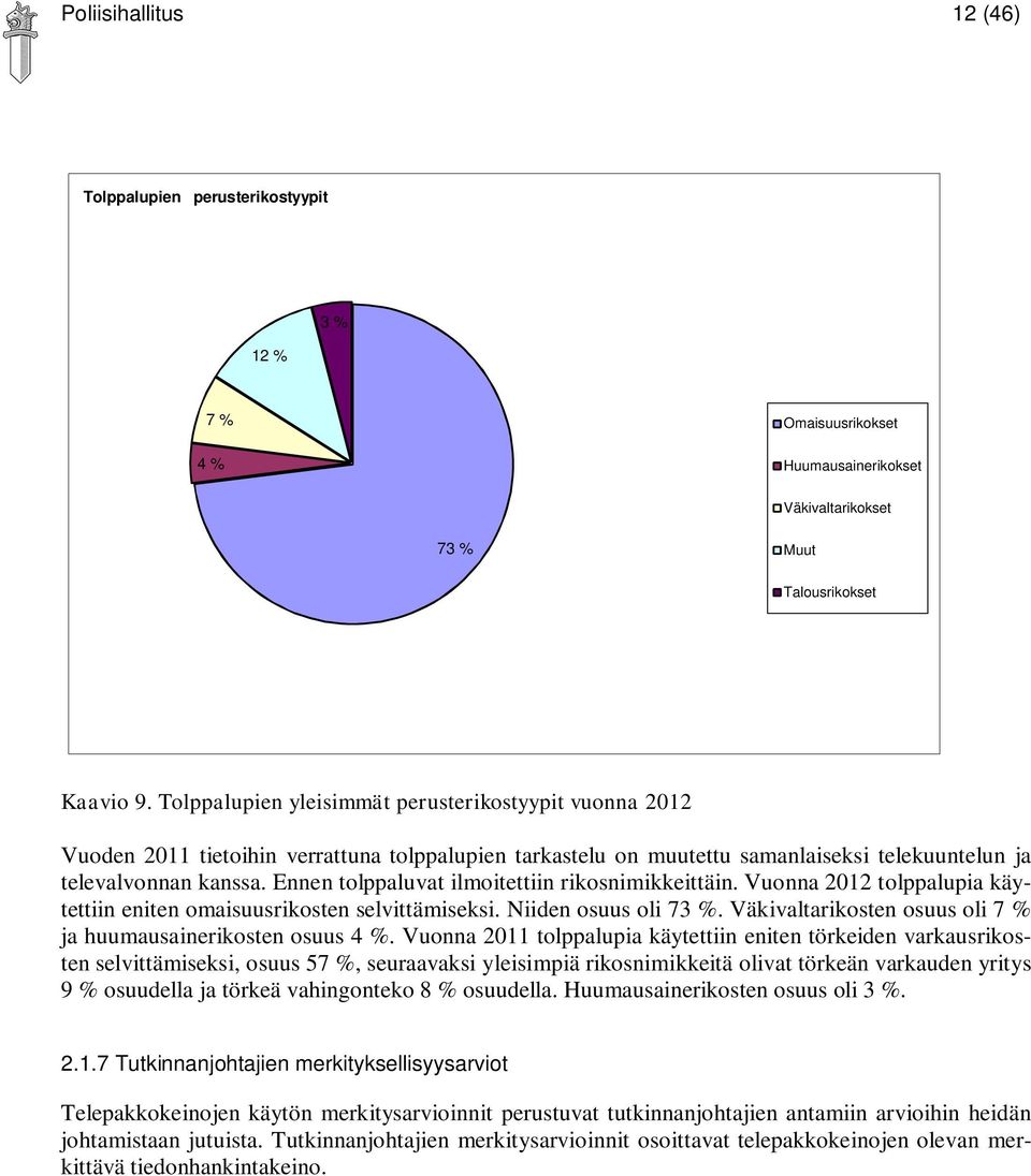 Ennen tolppaluvat ilmoitettiin rikosnimikkeittäin. Vuonna 2012 tolppalupia käytettiin eniten omaisuusrikosten selvittämiseksi. Niiden osuus oli 73 %.