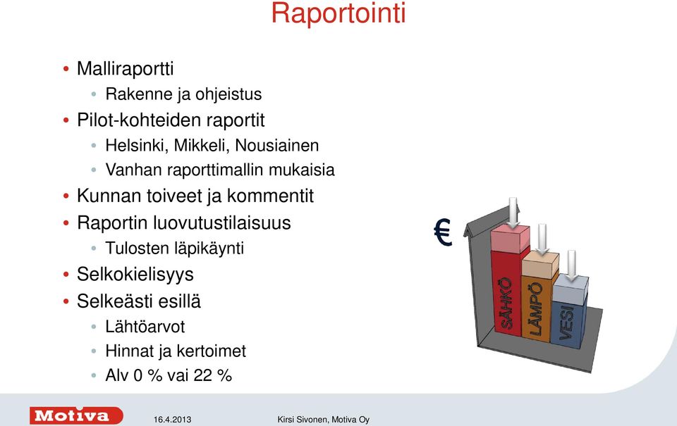 toiveet ja kommentit Raportin luovutustilaisuus Tulosten läpikäynti