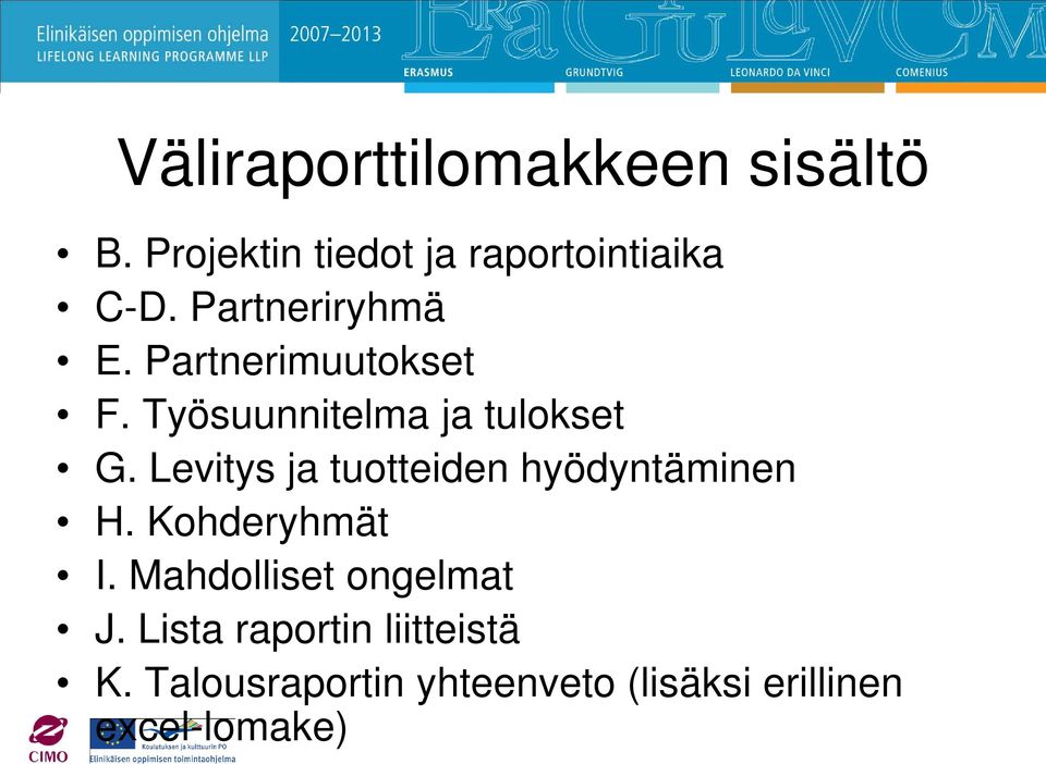 Levitys ja tuotteiden hyödyntäminen H. Kohderyhmät I. Mahdolliset ongelmat J.