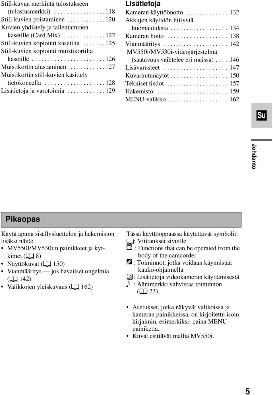 ...129 Lisätietoja Kameran käyttöönotto... 132 Akkujen käyttöön liittyviä huomautuksia... 134 Kameranhoito... 138 Vianmääritys... 142 MV550i/MV530i-videojärjestelmä (saatavuusvaihteleeerimaissa).