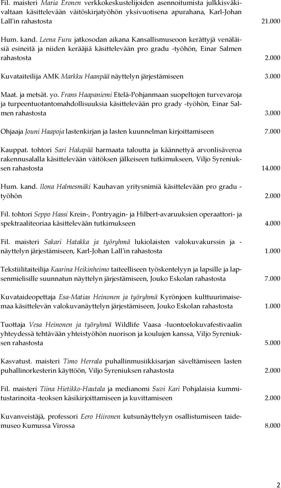 000 Kuvataiteilija AMK Markku Haanpää näyttelyn järjestämiseen 3.000 Maat. ja metsät. yo.