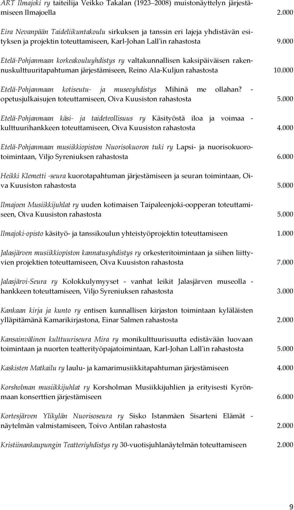 000 Etelä-Pohjanmaan korkeakouluyhdistys ry valtakunnallisen kaksipäiväisen rakennuskulttuuritapahtuman järjestämiseen, Reino Ala-Kuljun rahastosta 10.