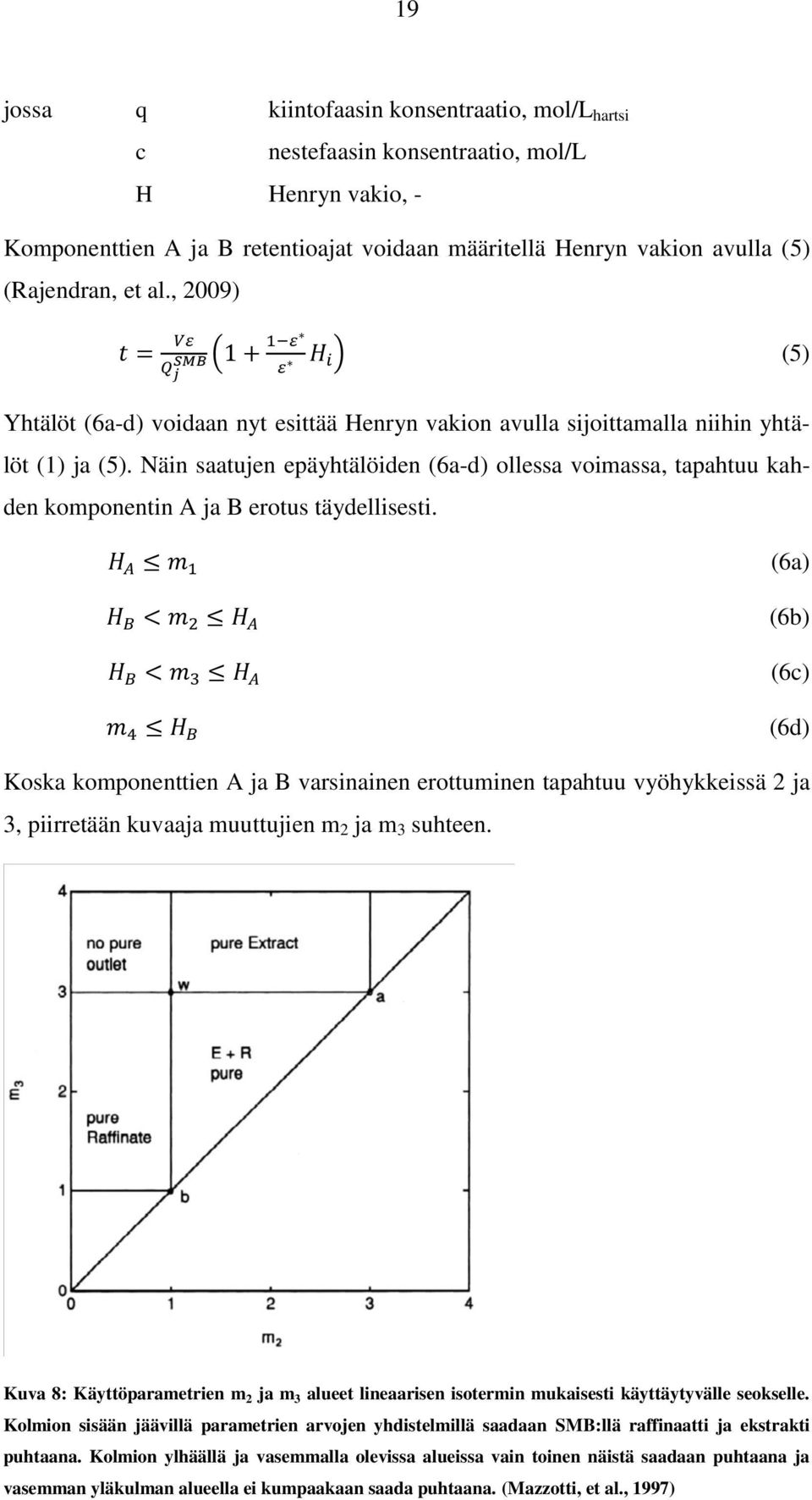Näin saatujen epäyhtälöiden (6a-d) ollessa voimassa, tapahtuu kahden komponentin A ja B erotus täydellisesti.