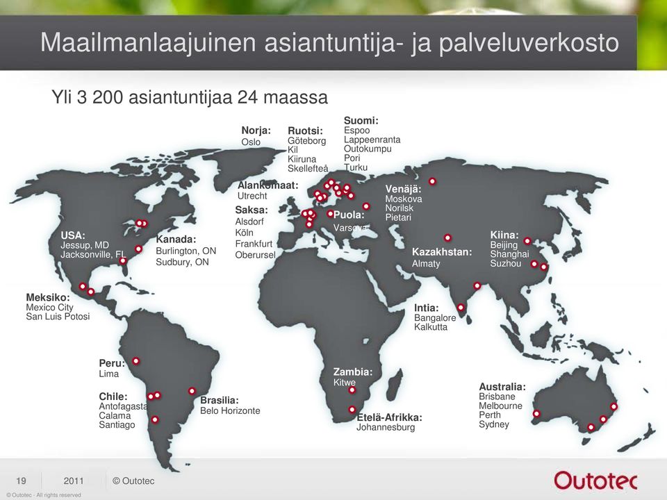 Oberursel Puola: Varsova Venäjä: Moskova Norilsk Pietari Kazakhstan: Almaty Kiina: Beijing Shanghai Suzhou Meksiko: Mexico City San Luis Potosi Intia: