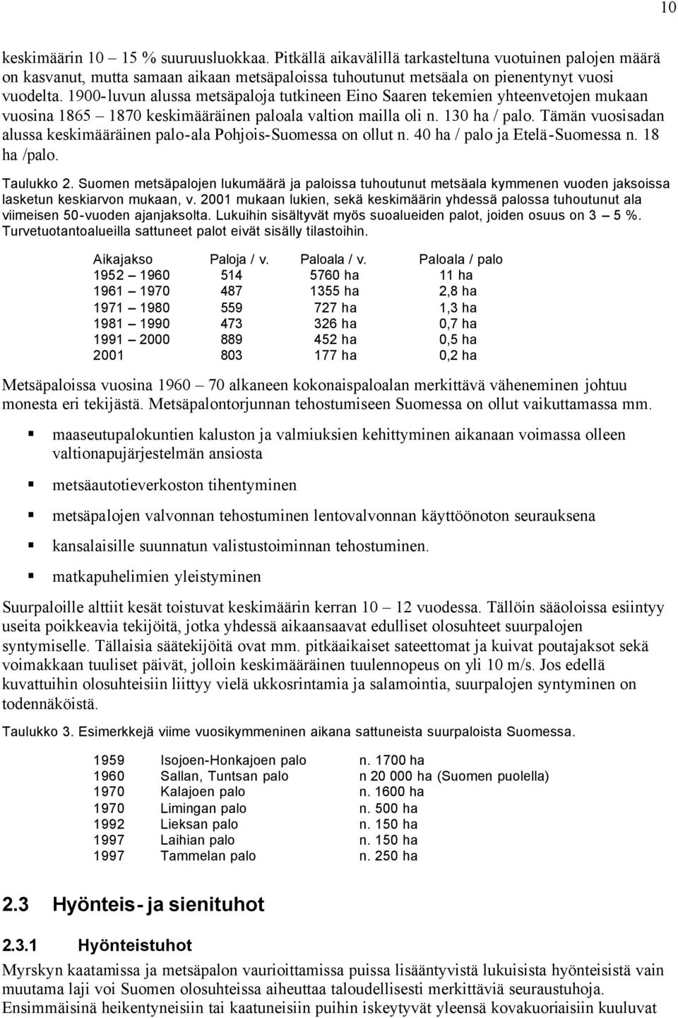 Tämän vuosisadan alussa keskimääräinen palo-ala Pohjois-Suomessa on ollut n. 40 ha / palo ja Etelä-Suomessa n. 18 ha /palo. Taulukko 2.