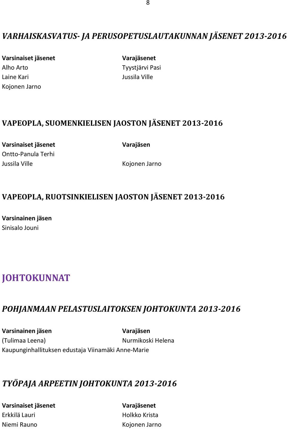 JÄSENET 2013-2016 Sinisalo Jouni JOHTOKUNNAT POHJANMAAN PELASTUSLAITOKSEN JOHTOKUNTA 2013-2016 (Tulimaa Leena) Nurmikoski Helena