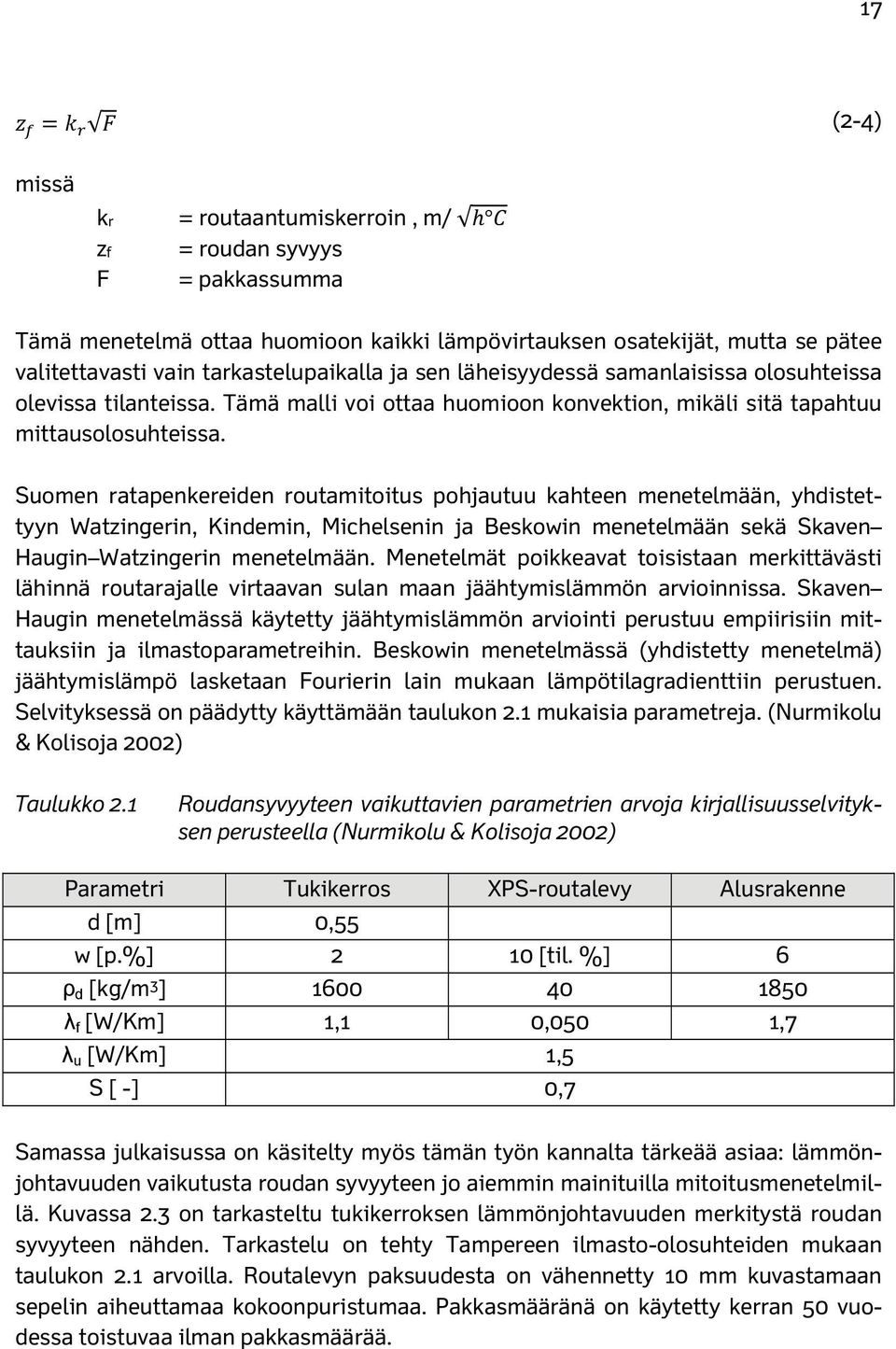 Suomen ratapenkereiden routamitoitus pohjautuu kahteen menetelmään, yhdistettyyn Watzingerin, Kindemin, Michelsenin ja Beskowin menetelmään sekä Skaven Haugin Watzingerin menetelmään.