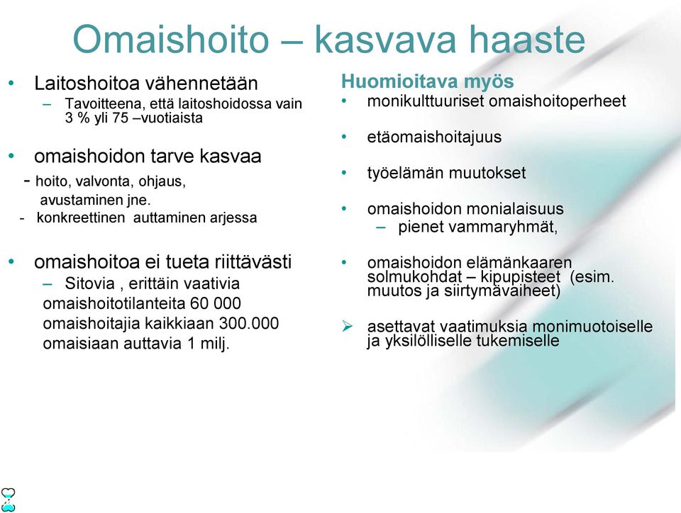 omaishoitoa ei tueta riittävästi Sitovia, erittäin vaativia omaishoitotilanteita 60 000 omaishoitajia kaikkiaan 300.000 omaisiaan auttavia 1 milj.