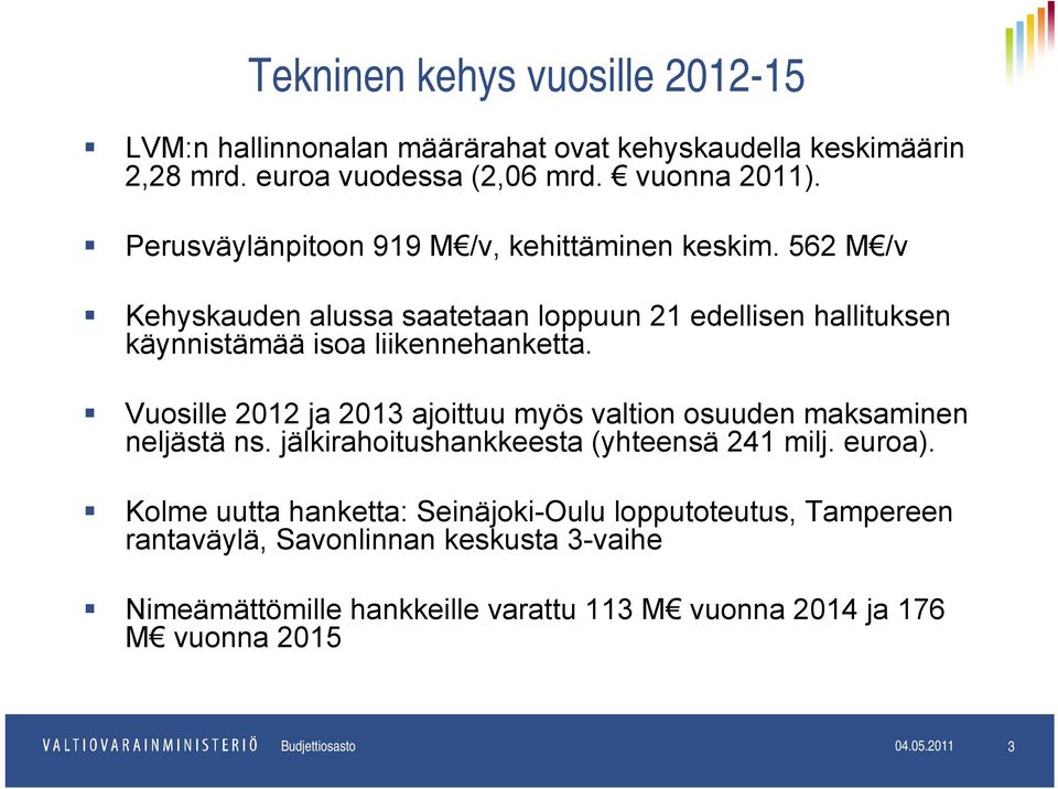 Vuosille 2012 ja 2013 ajoittuu myös valtion osuuden maksaminen neljästä ns. jälkirahoitushankkeesta (yhteensä 241 milj. euroa).