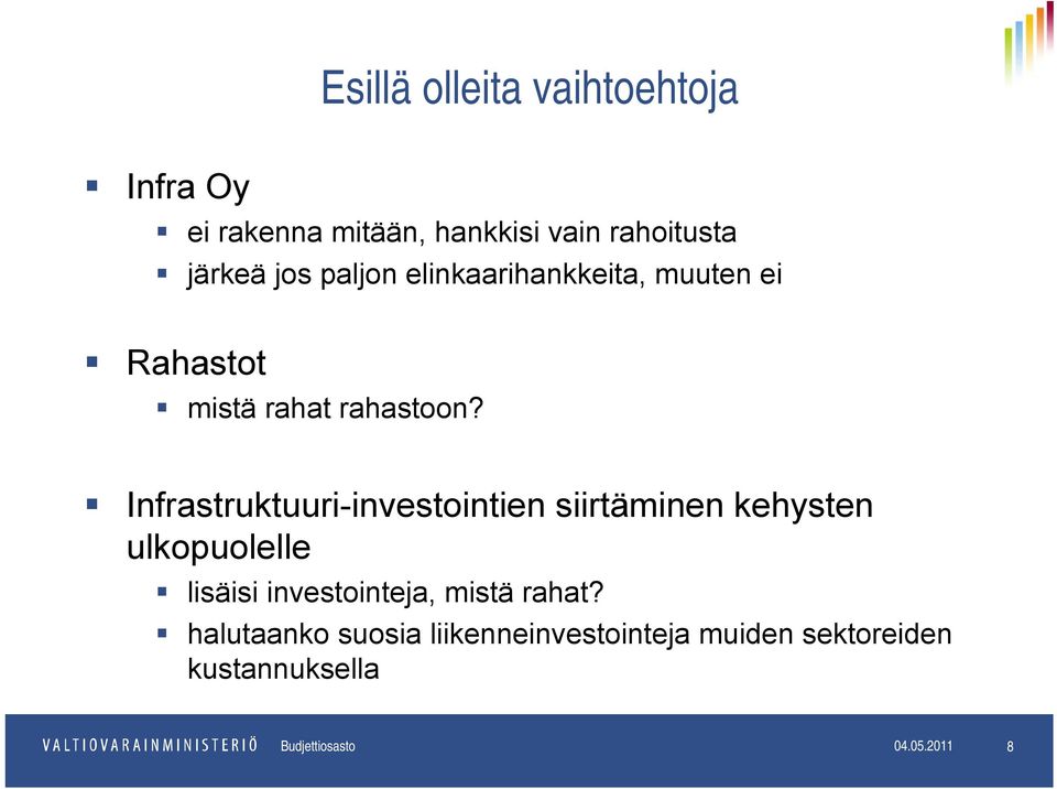 Infrastruktuuri-investointien siirtäminen kehysten ulkopuolelle lisäisi investointeja, mistä