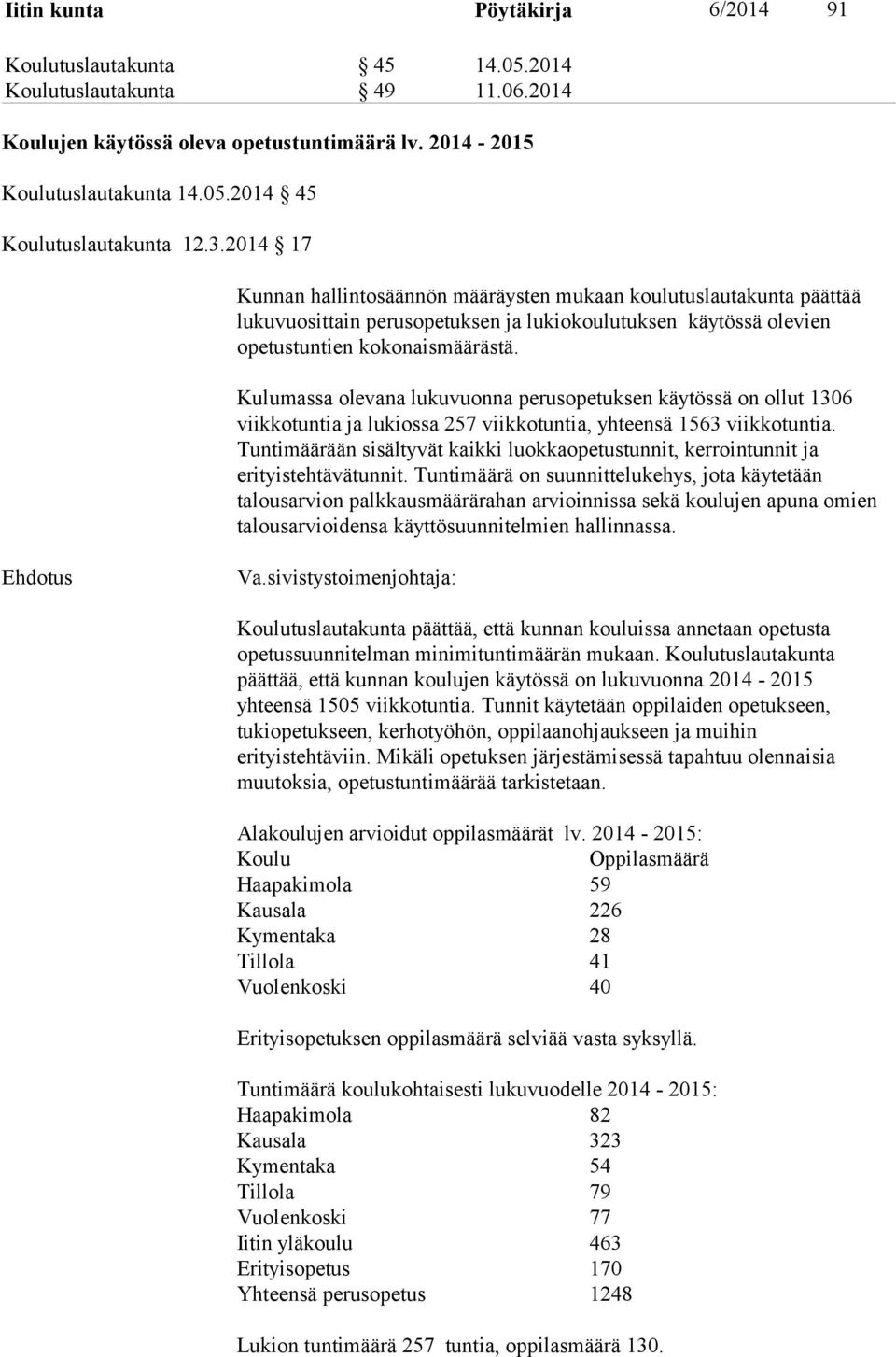 Kulumassa olevana lukuvuonna perusopetuksen käytössä on ollut 1306 viikkotuntia ja lukiossa 257 viikkotuntia, yhteensä 1563 viikkotuntia.