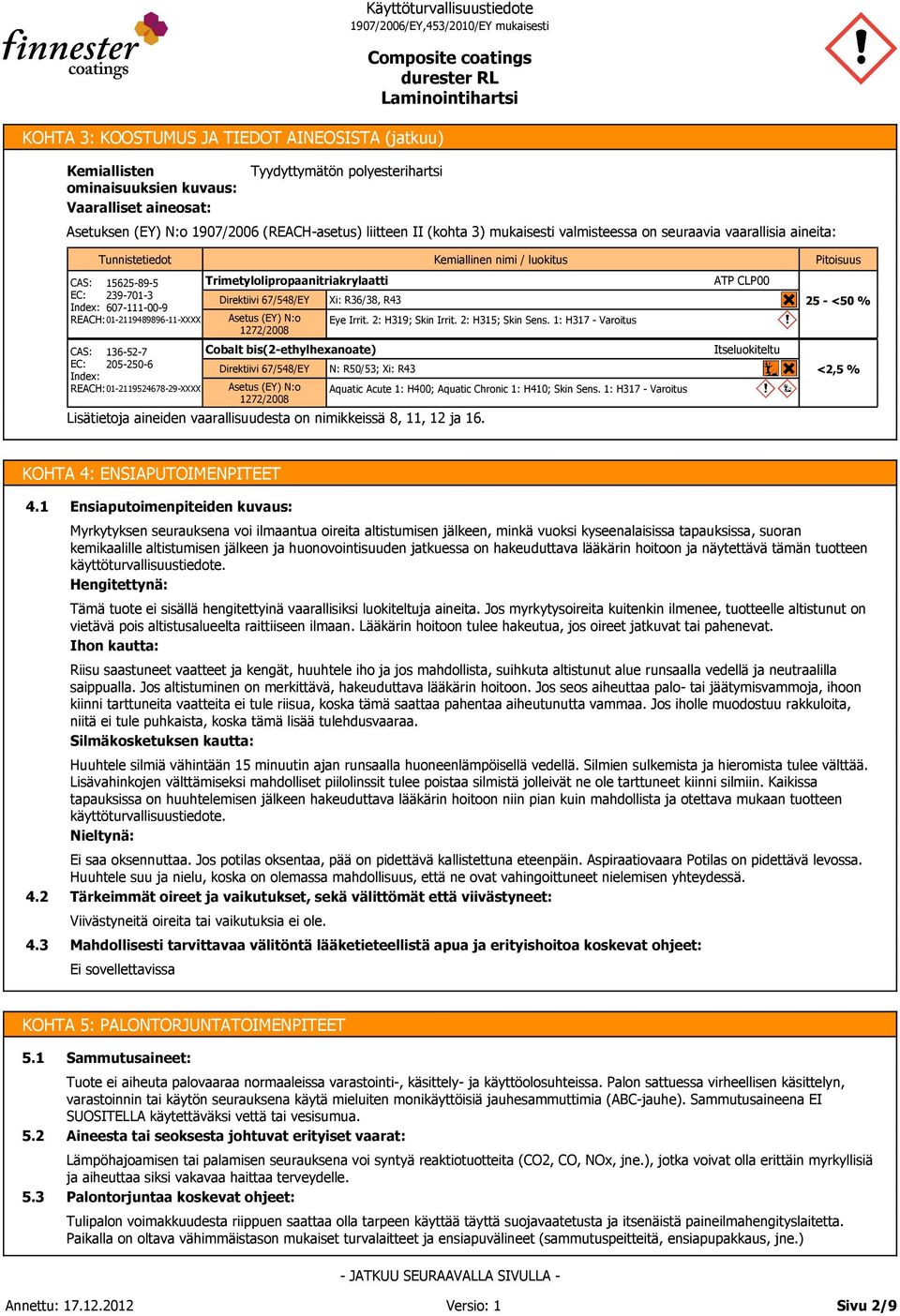 67/548/EY Asetus (EY) N:o 1272/2008 Xi: R36/38, R43 Direktiivi 67/548/EY Asetus (EY) N:o 1272/2008 Kemiallinen nimi / luokitus Eye Irrit. 2: H319; Skin Irrit. 2: H315; Skin Sens.