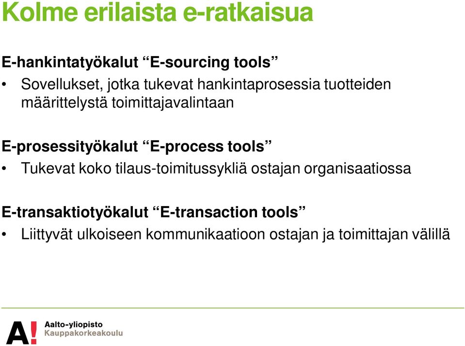 E-prosessityökalut E-process tools Tukevat koko tilaus-toimitussykliä ostajan