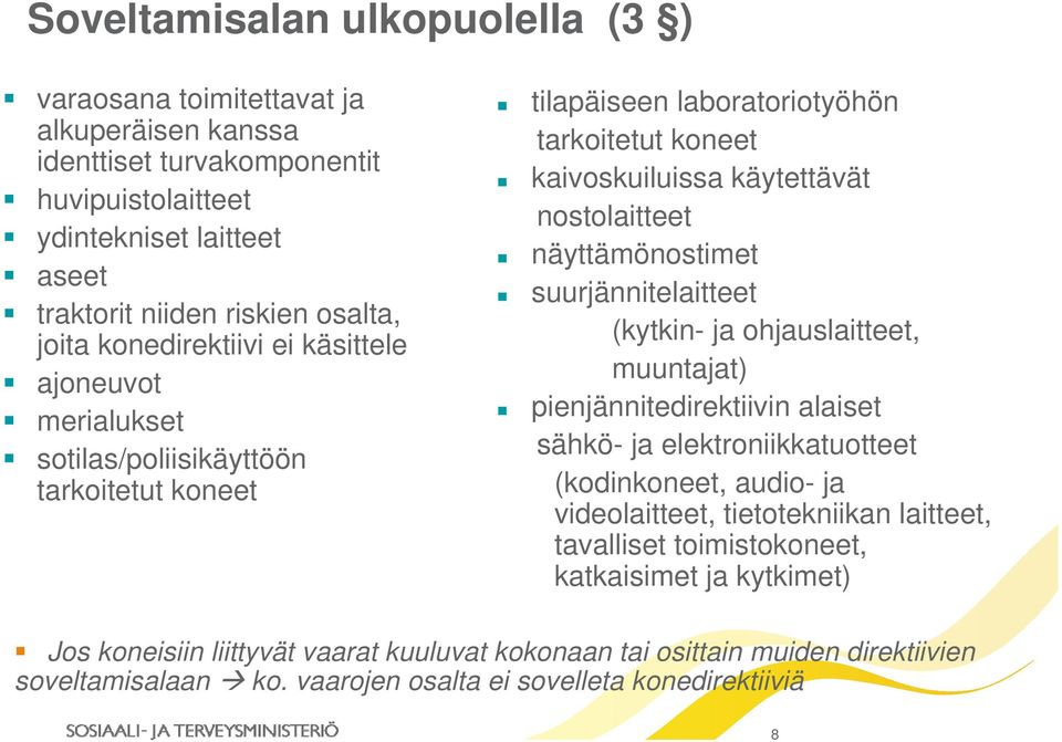 näyttämönostimet suurjännitelaitteet (kytkin- ja ohjauslaitteet, muuntajat) pienjännitedirektiivin alaiset sähkö- ja elektroniikkatuotteet (kodinkoneet, audio- ja videolaitteet, tietotekniikan