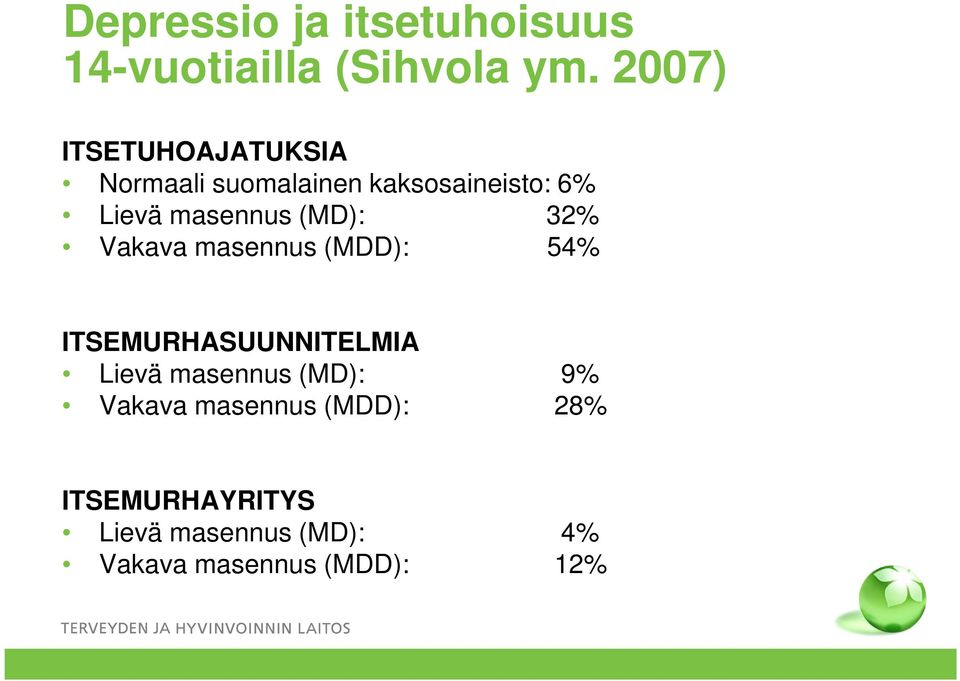 masennus (MD): 32% Vakava masennus (MDD): 54% ITSEMURHASUUNNITELMIA Lievä