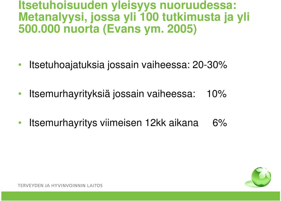 2005) Itsetuhoajatuksia jossain vaiheessa: 20-30%